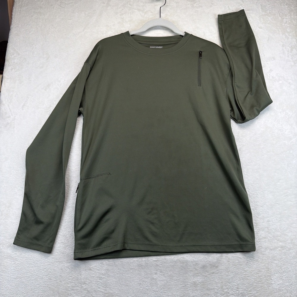 SCOTTeVEST Mens Medium Olive TEC Travel Shirt Zip Pocket Performance Long Sleeve